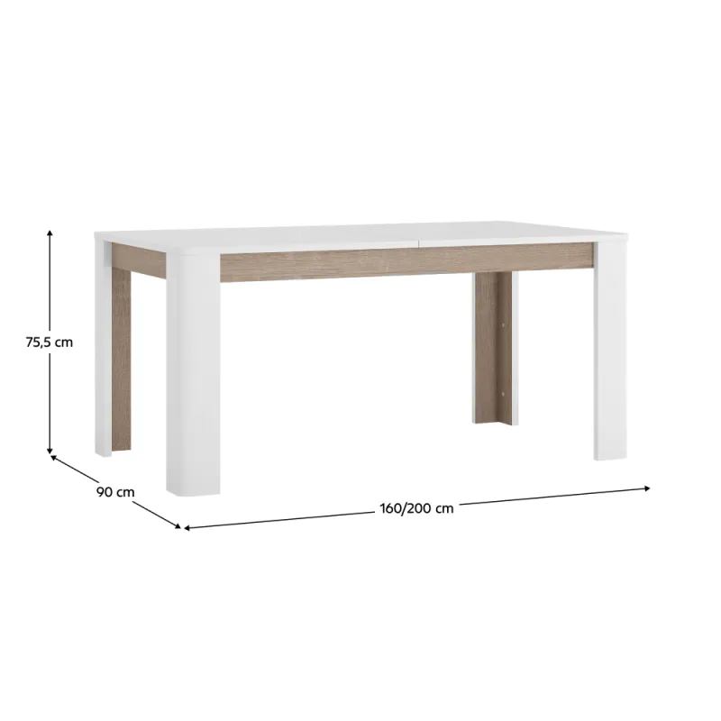 Jedálenský rozkladací stôl, biela extra vysoký lesk HG/dub sonoma tmavý truflový, 160-200x90 cm, LYN
