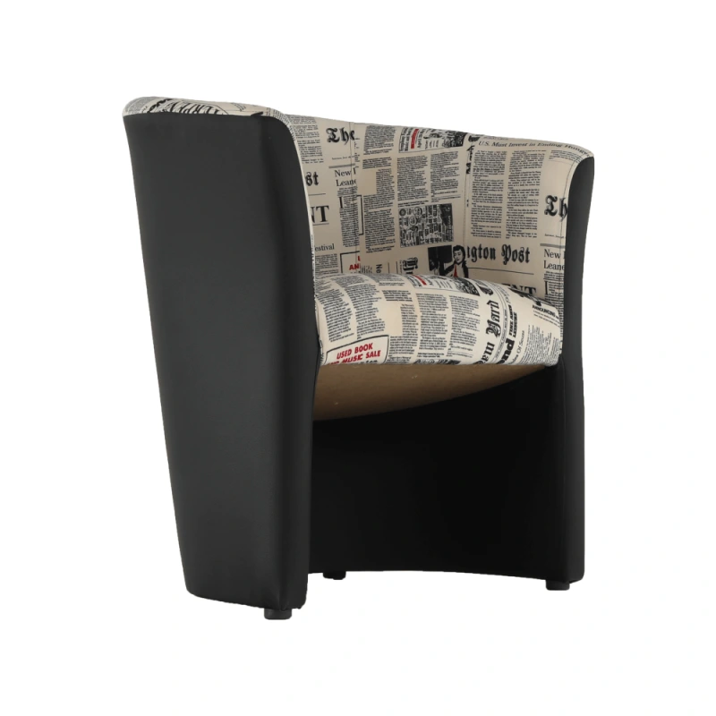 Klubové kreslo, ekokoža čierna/látka vzor novín, CUBA 2