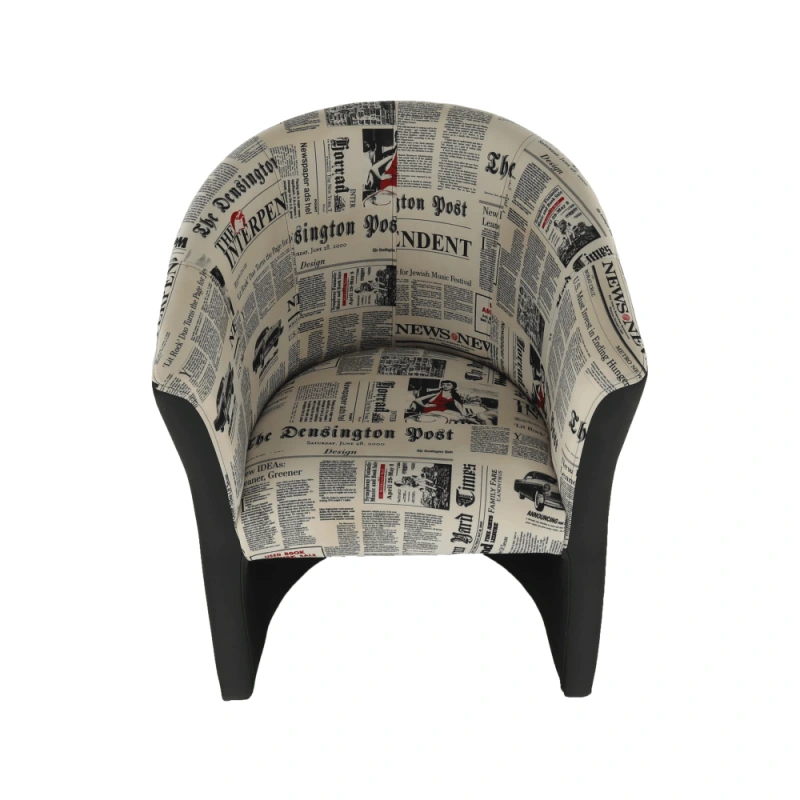 Klubové kreslo, ekokoža čierna/látka vzor novín, CUBA 1