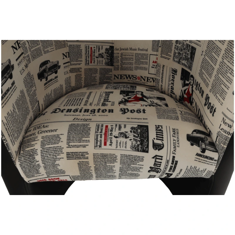 Klubové kreslo, ekokoža čierna/látka vzor novín, CUBA 8