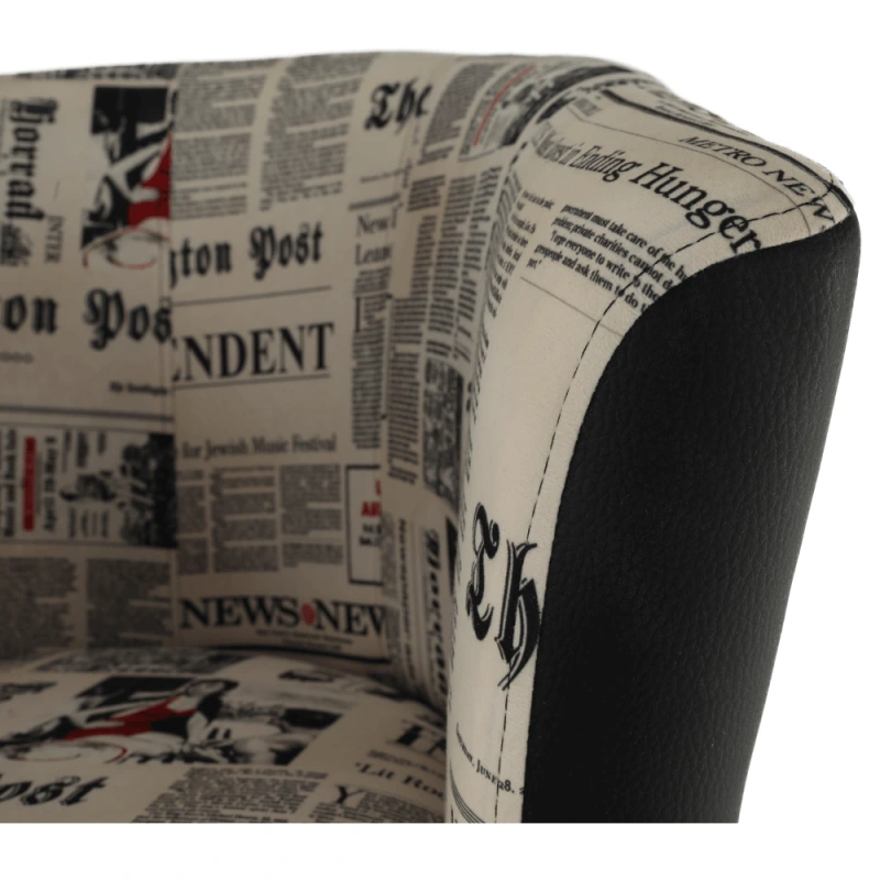 Klubové kreslo, ekokoža čierna/látka vzor novín, CUBA 9