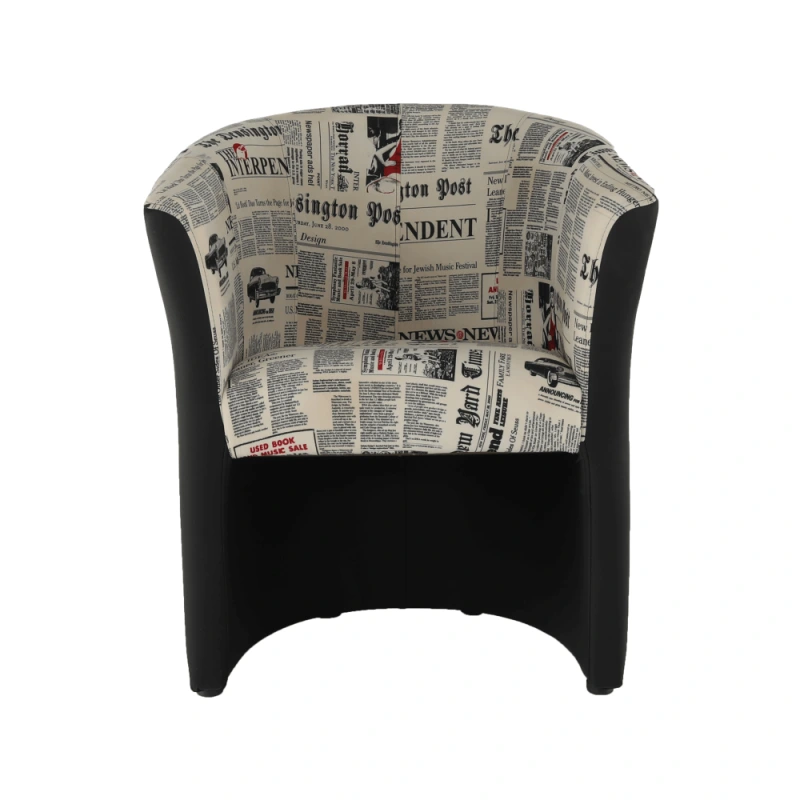 Klubové kreslo, ekokoža čierna/látka vzor novín, CUBA 3
