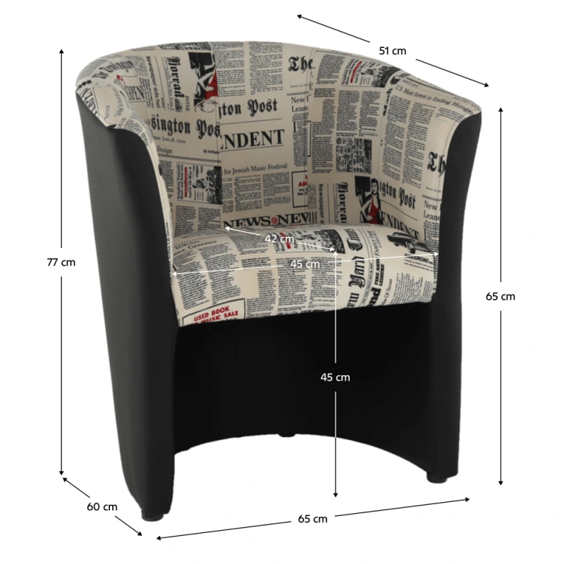 Klubové kreslo, ekokoža čierna/látka vzor novín, CUBA 14