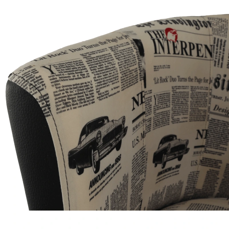 Klubové kreslo, ekokoža čierna/látka vzor novín, CUBA 10