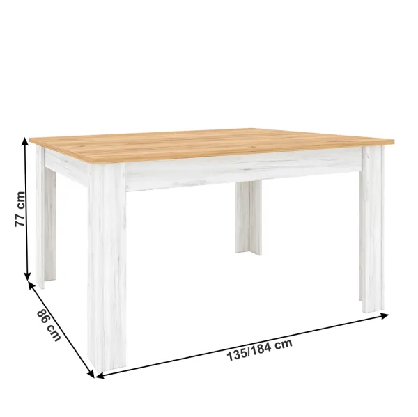 Jedálenský stôl, rozkladací, dub craft zlatý/dub craft biely, 135-184x86 cm, SUDBURY