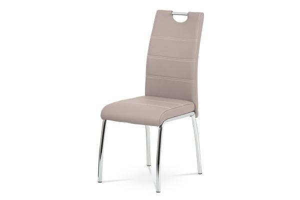 Autronic - Jedálenská stolička, poťah lanýžová ekokoža, biele prešitie, kovová štvornohá chrómovaná