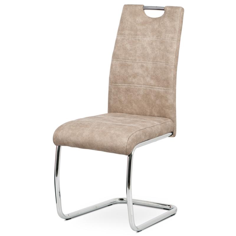 Autronic - Jedálenská stolička, poťah krémová látka COWBOY v dekore vintage kože, kovová chrómovaná