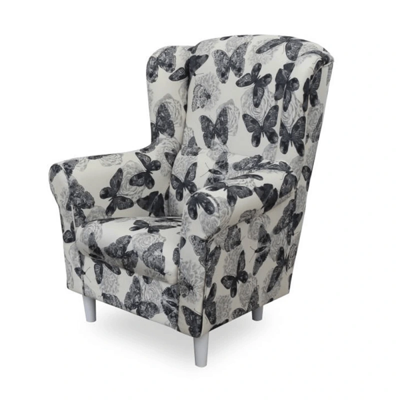 Kreslo ušiak s taburetom, látka butterfly 1 sivá s bielou/biela, ASTRID 2