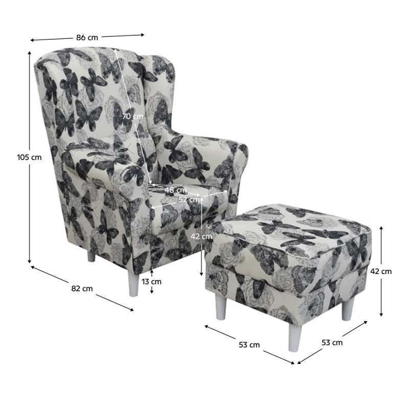 Kreslo ušiak s taburetom, látka butterfly 1 sivá s bielou/biela, ASTRID 5