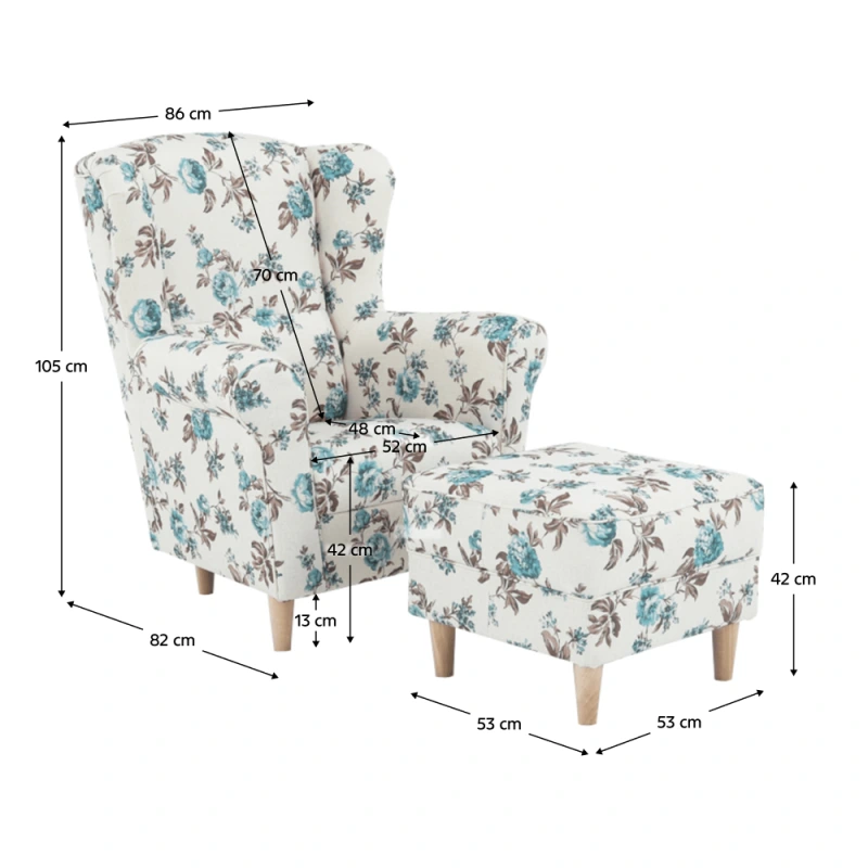 Kreslo ušiak s taburetom, látka rose 14, ASTRID 10