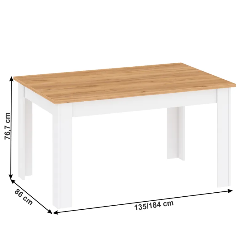 Jedálenský stôl, biela alba/dub craft zlatý, 135-184x86 cm, LANZETTE S