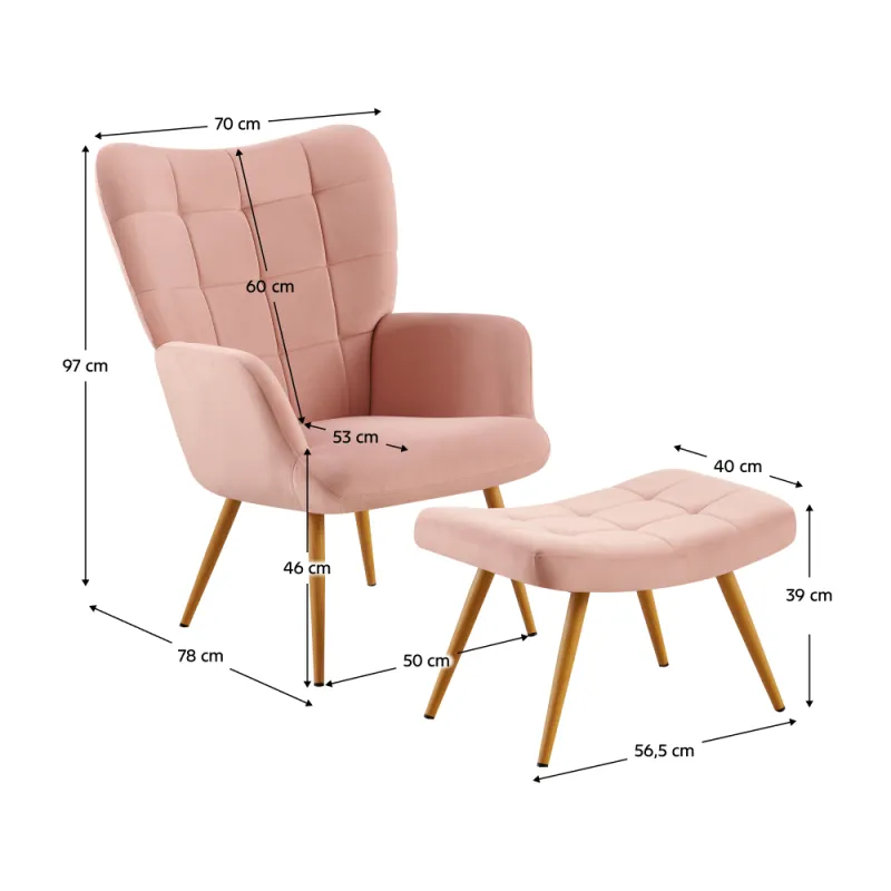 Kreslo s podnožou, ružová Velvet látka/dub, HABEN 4
