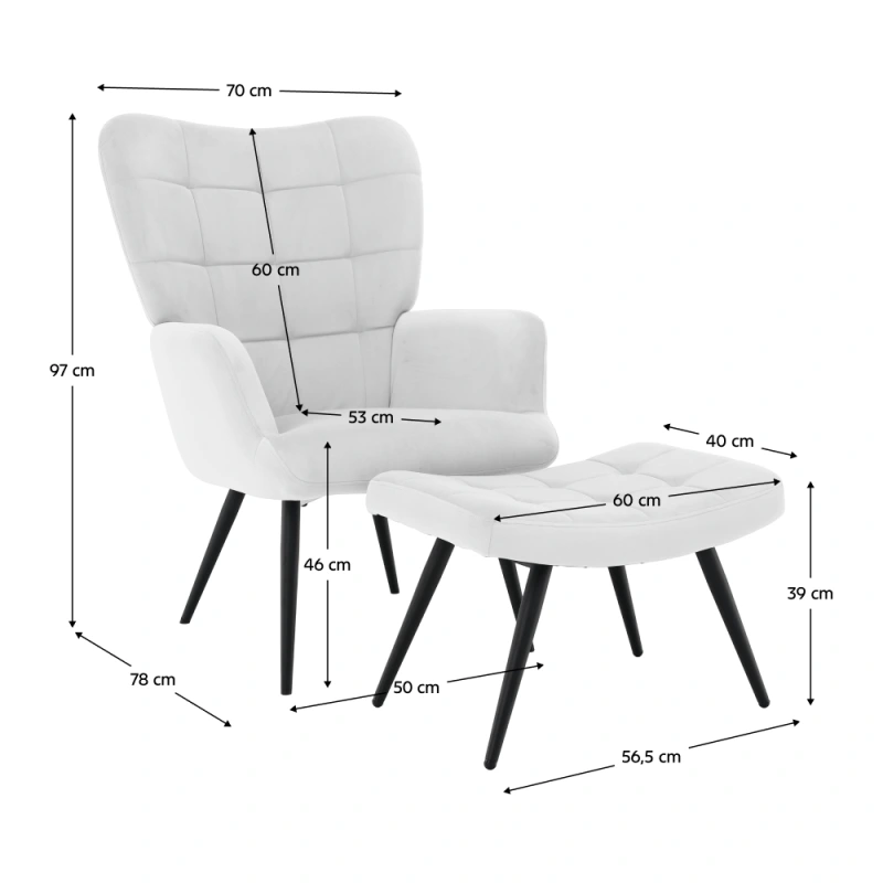 Kreslo s podnožou, svetlosivá Velvet látka/čierna, HABEN 16