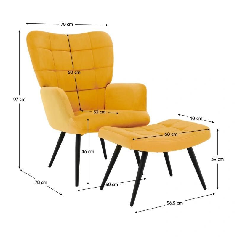 Kreslo s podnožou, žltá Velvet látka/čierna, HABEN 16
