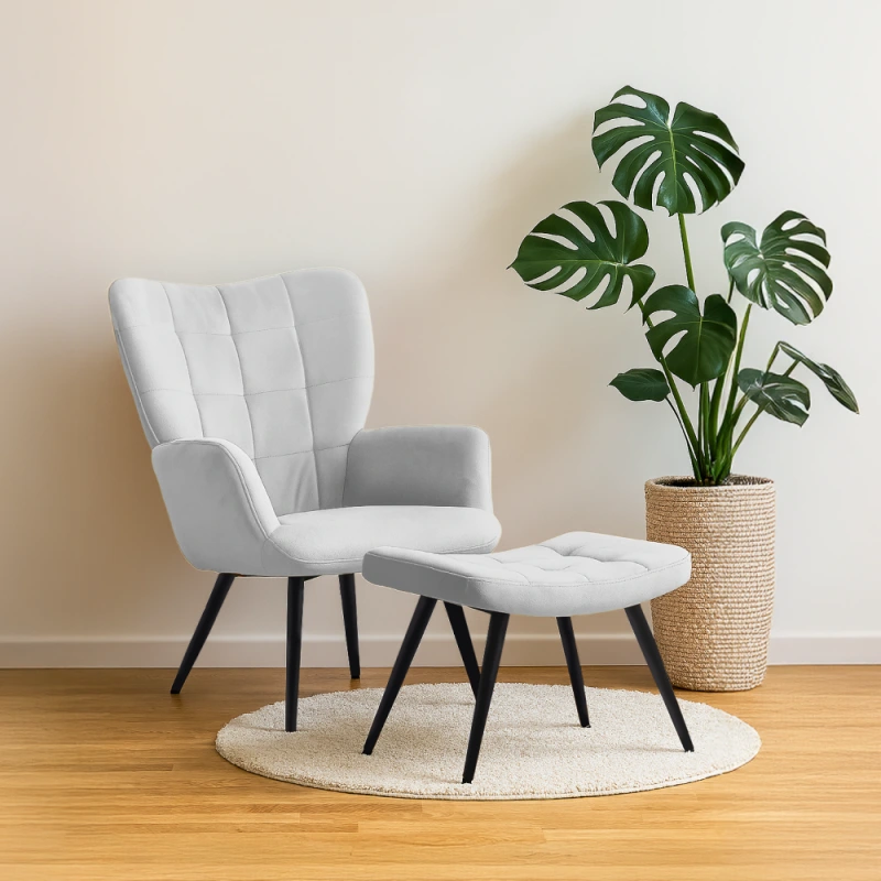 Kreslo s podnožou, svetlosivá Velvet látka/čierna, HABEN 15