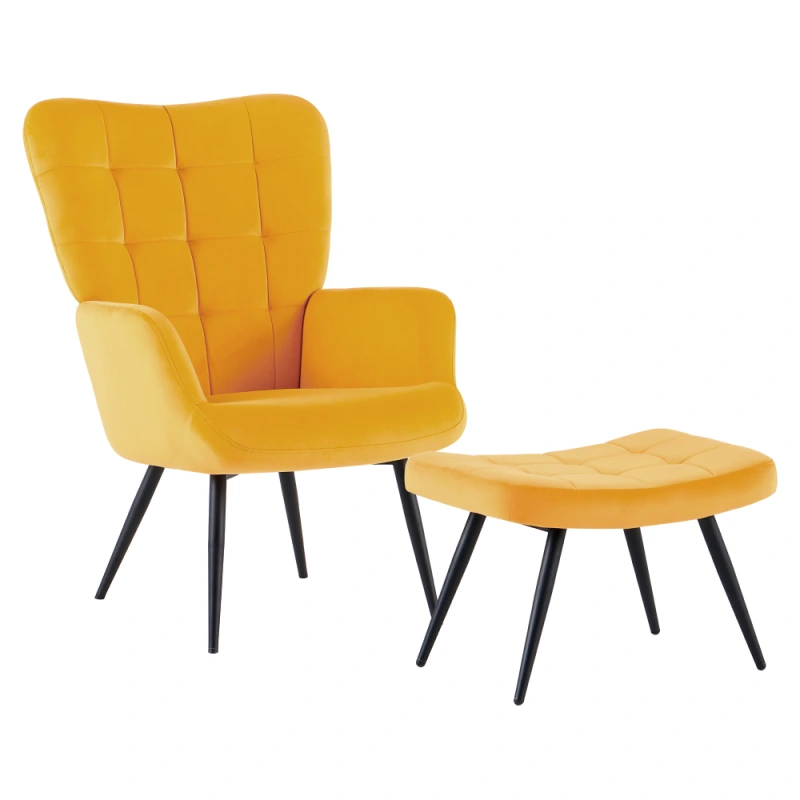 Kreslo s podnožou, žltá Velvet látka/čierna, HABEN 1