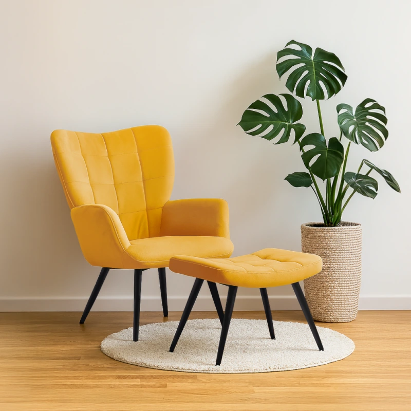 Kreslo s podnožou, žltá Velvet látka/čierna, HABEN 15