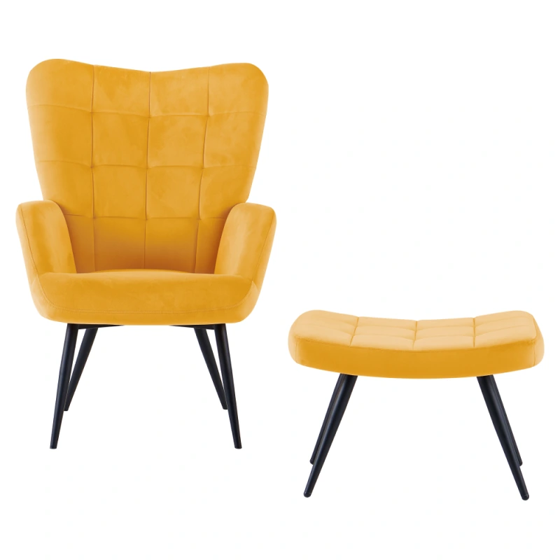 Kreslo s podnožou, žltá Velvet látka/čierna, HABEN 2