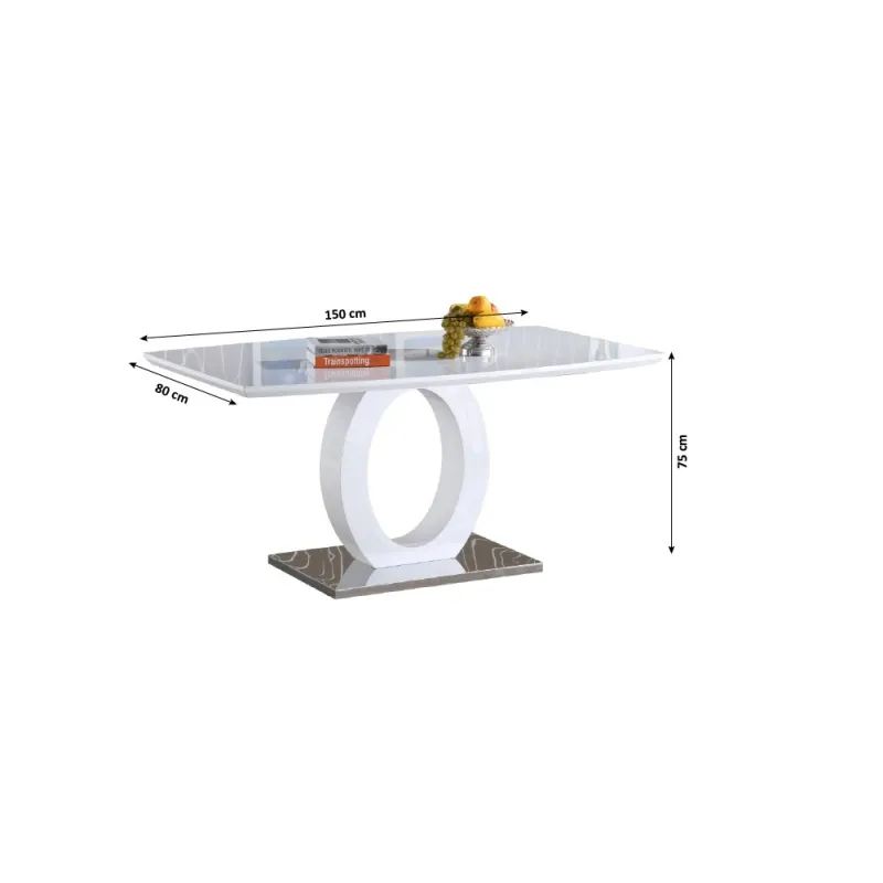 Jedálenský stôl, biela vysoký lesk/oceľ, 150x80 cm, ZARNI