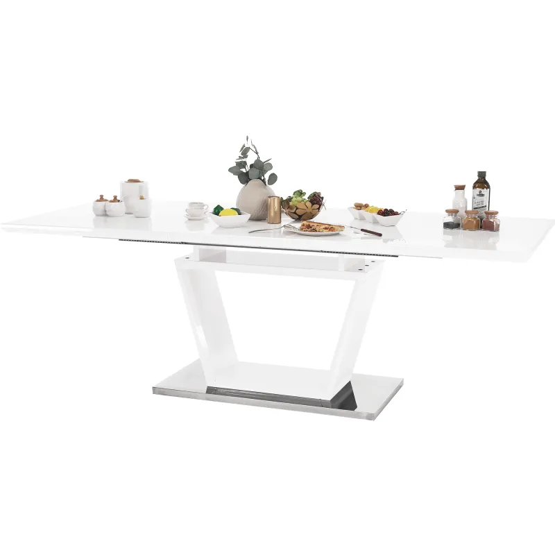 Jedálenský stôl, rozkladací, biela extra vysoký lesk/oceľ, 160-220x90 cm, PERAK