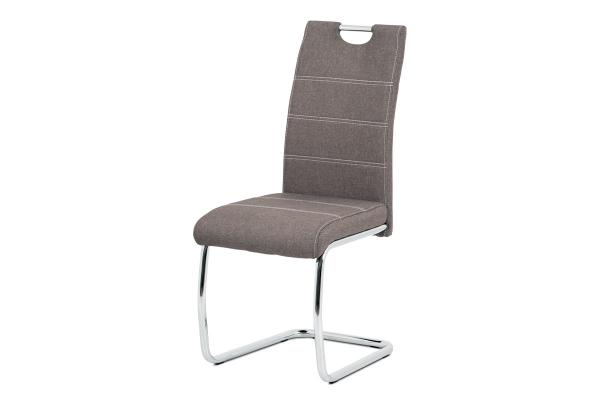 Autronic - Jedálenská stolička, poťah coffee látka, biele prešitie, kovová chrómovaná perová podnož