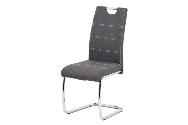Autronic - Jedálenská stolička, poťah sivá látka, biele prešitie, kovová chrómovaná perová podnož -
