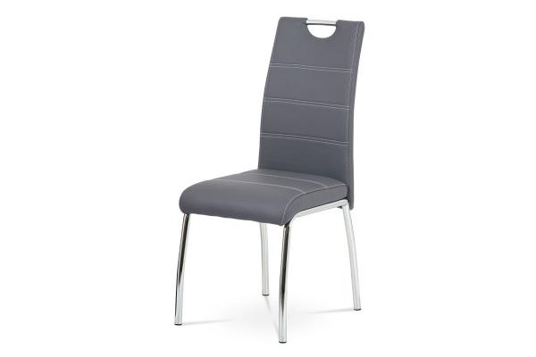 Autronic - Jedálenská stolička, poťah sivá ekokoža, biele prešitie, kovová štvornohá chrómovaná podn