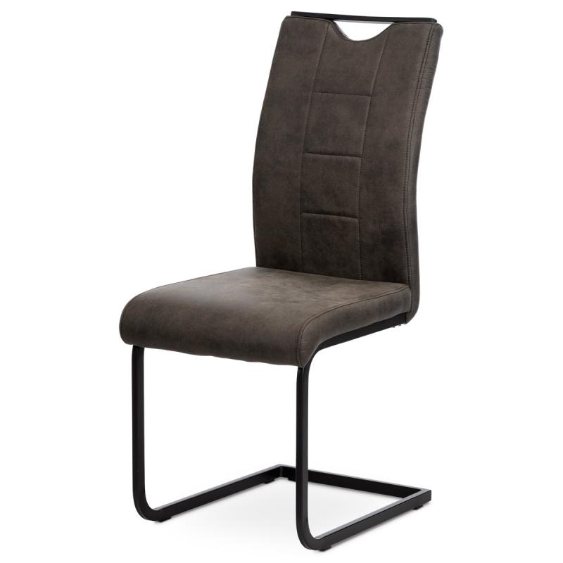 Autronic - Jedálenská stolička, poťah sivá látka v dekore vintage kože, biele prešitie, kovová pohup