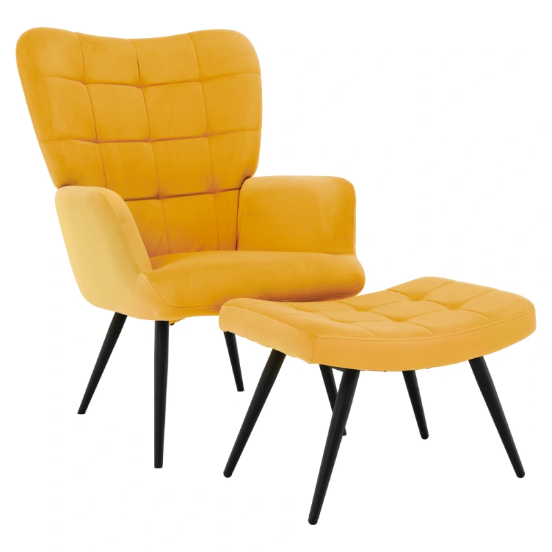 Kreslo s podnožou, žltá Velvet látka/čierna, HABEN