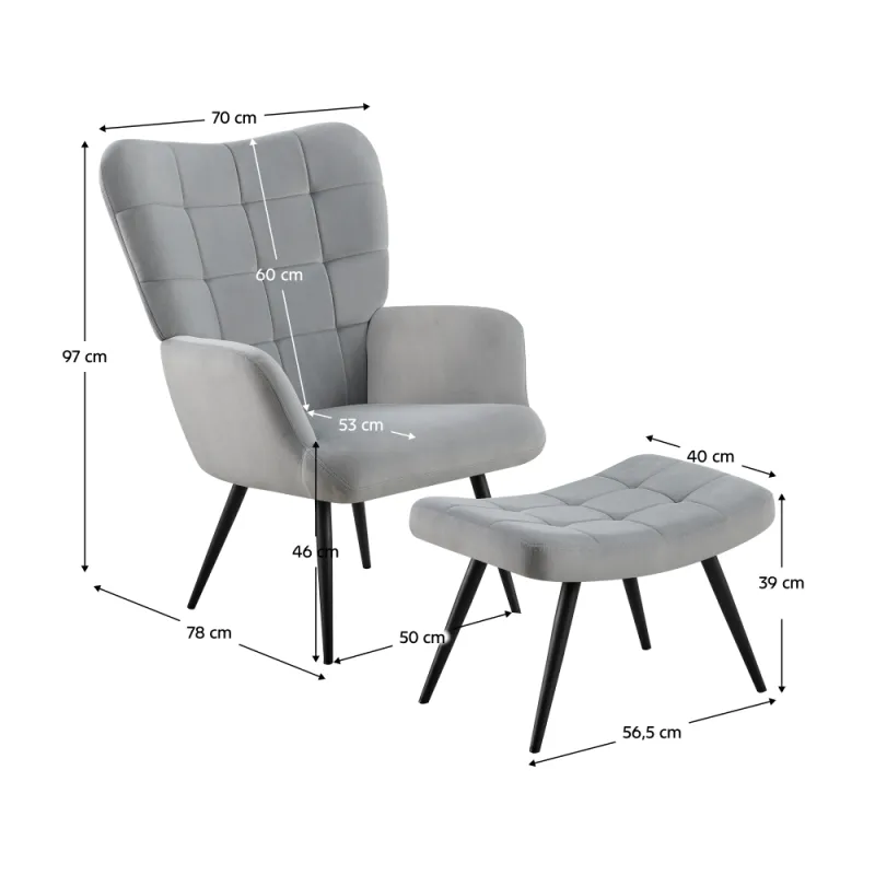 Kreslo s podnožou, sivá Velvet látka/čierna, HABEN 4