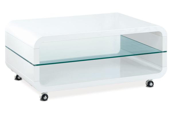 Autronic - konferenčný stolík 90x60x40, MDF biely vysoký lesk, čiré sklo, 4 kolieska - AHG-611 WT