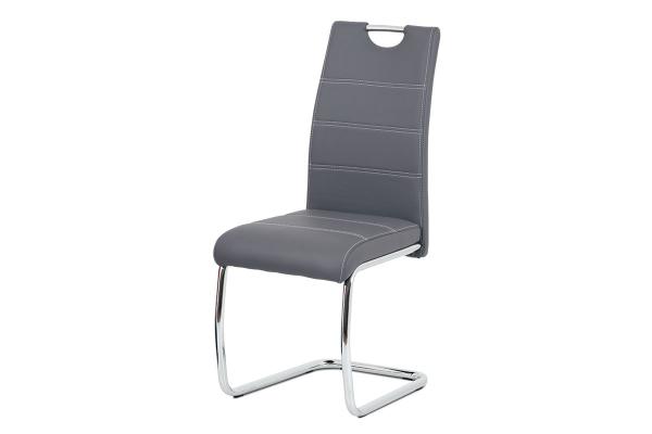 Autronic Jedálenská stoličky HC-481 GREY, ekokoža šedá, biele prešitie/nohy kov, chróm