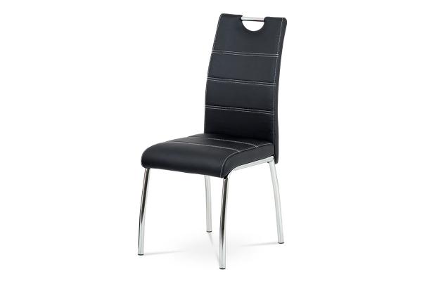 Autronic - Jedálenská stolička, poťah čierna ekokoža, biele prešitie, kovová štvornohá chrómovaná po